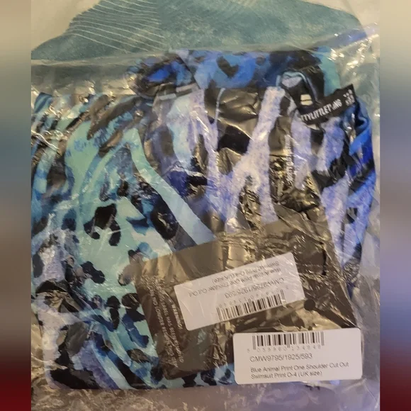 PrettyLittleThing- Blue Animal Print Pme Shoulder Cut Out Swimsuit - Picture 4 of 5